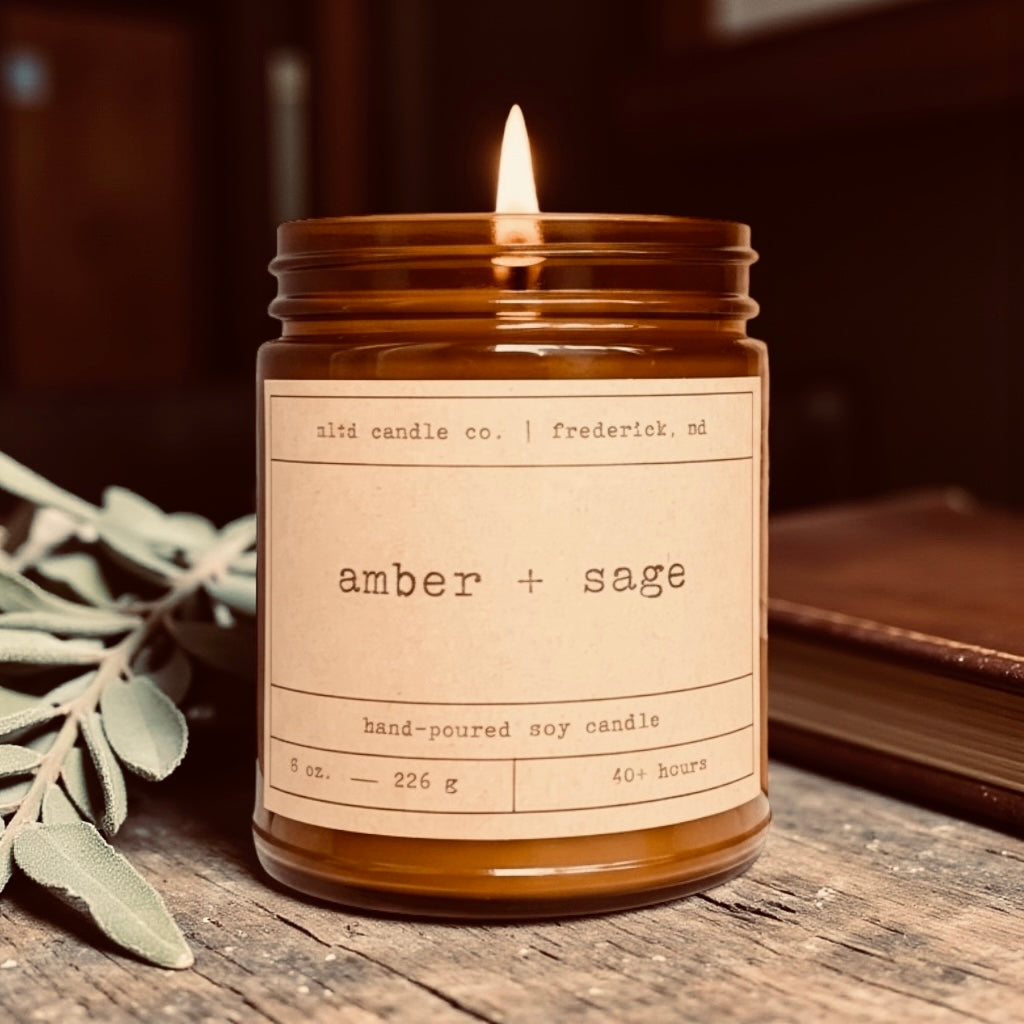 Amber + Sage Soy Candle: with Bergamot, Leather Scent