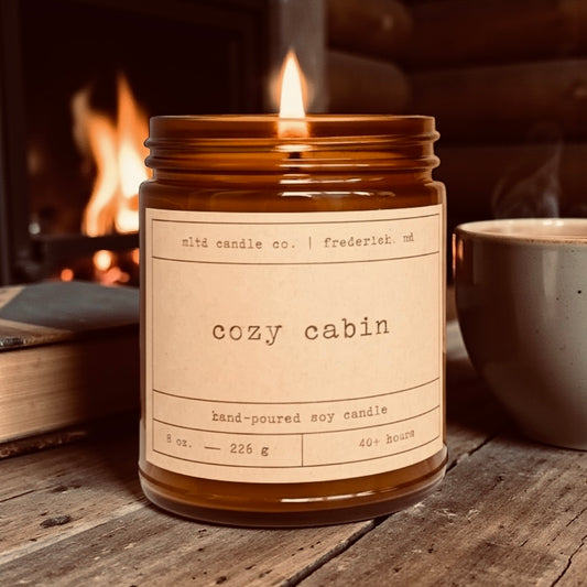 Cozy Cabin Soy Candle: Cedar, Amber, Pine, Sweet Tobacco Scent