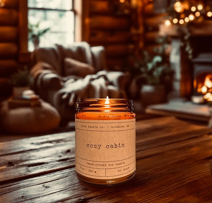 Cozy Cabin Soy Candle: Cedar, Amber, Pine, Sweet Tobacco Scent