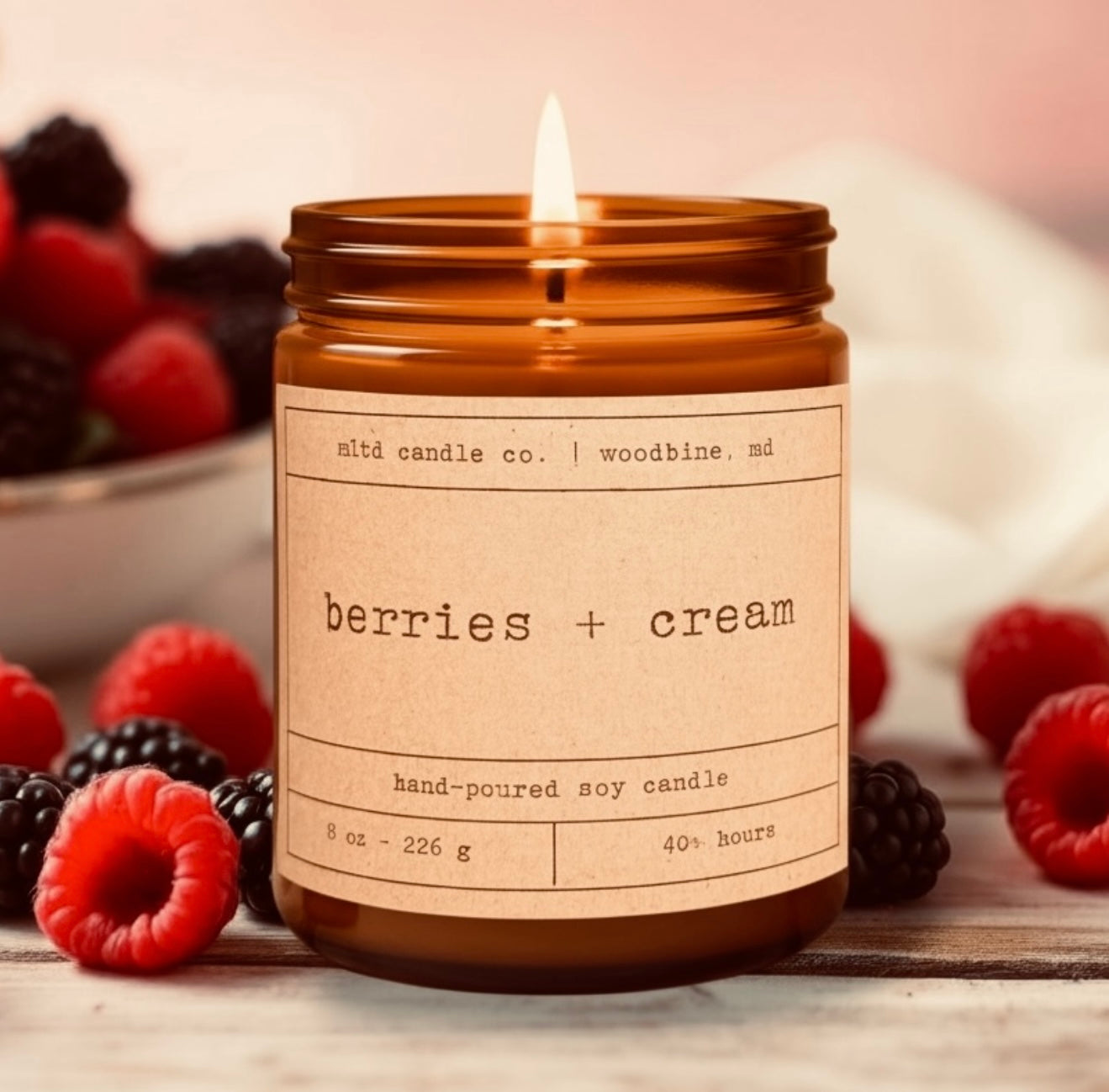 Berries + Cream Soy Candle: Raspberry, Blackberry, Vanilla Scent