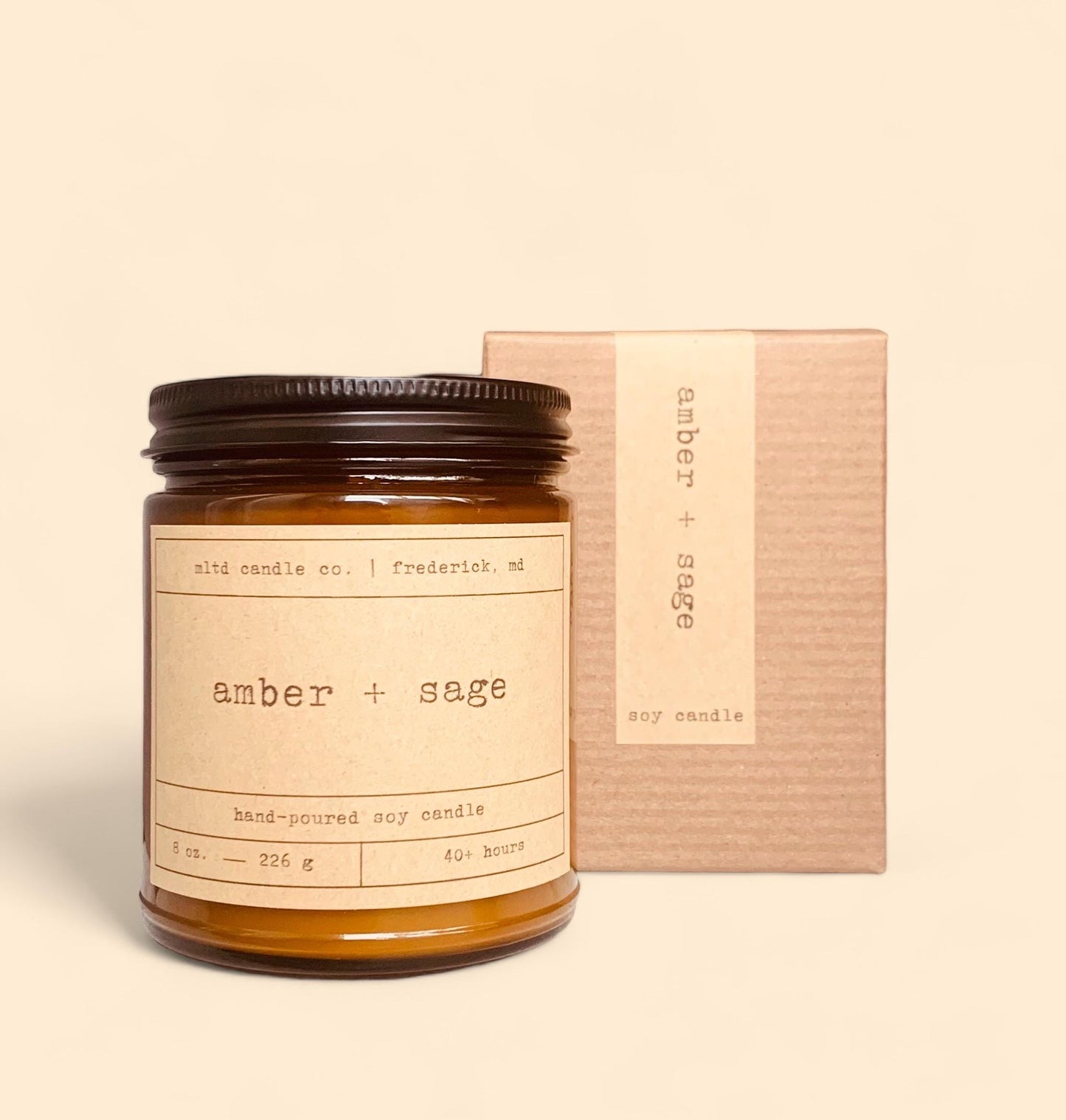 Amber + Sage Soy Candle: with Bergamot, Leather Scent